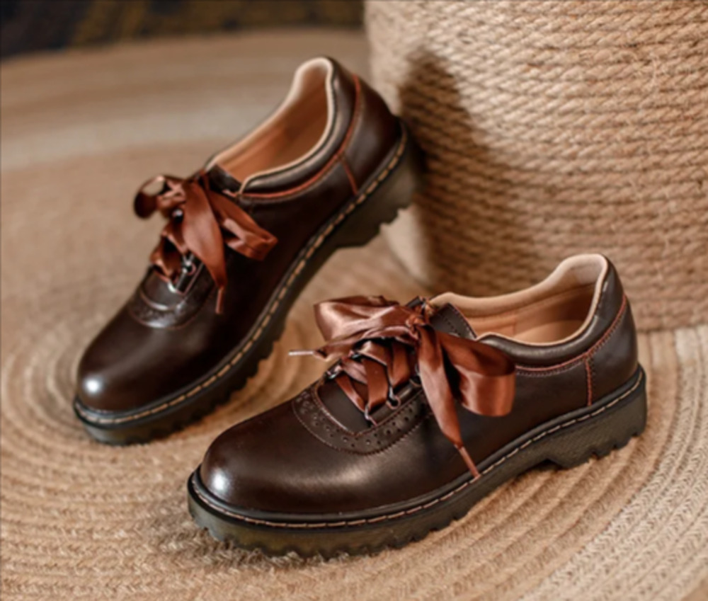KFN Womens Oxford Shoes Brown Leather Retro Brogues Chunky Ribbon Lace Up Size 6